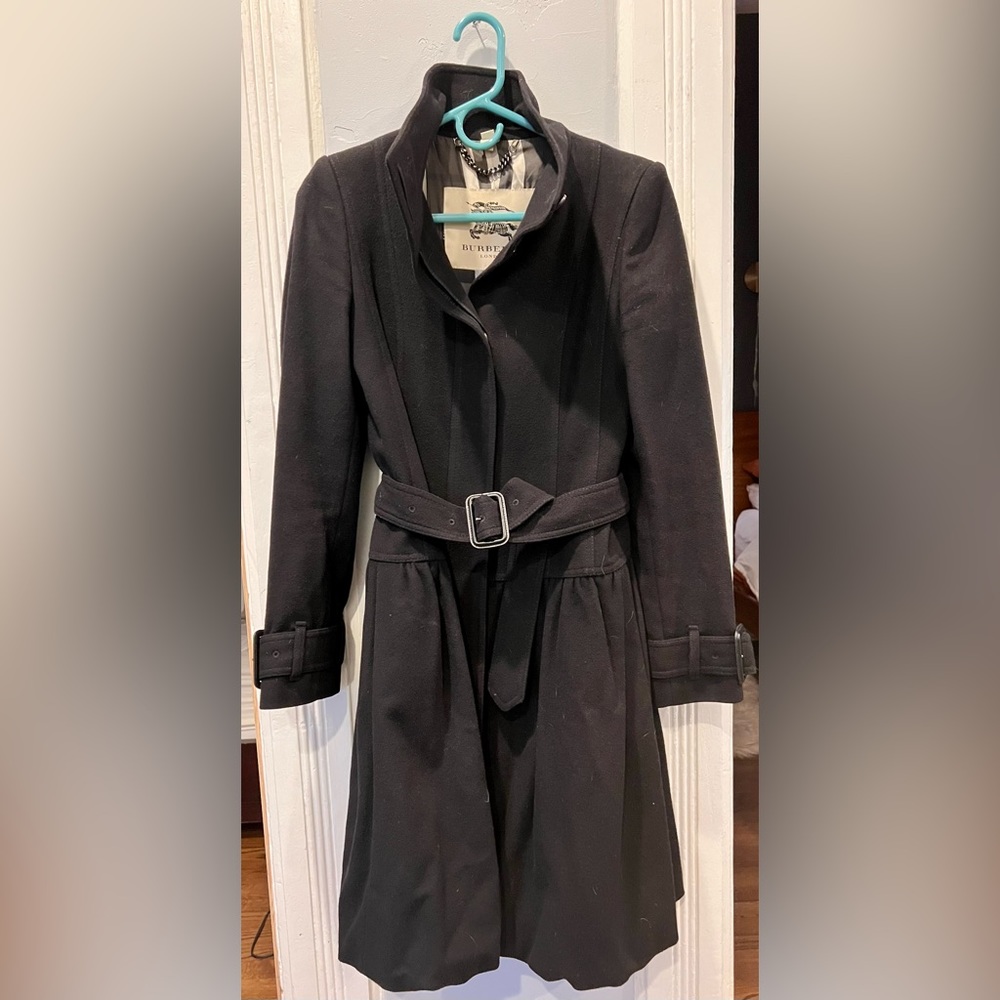 Burberry Wool-cashmere belted coat. Funnel neck with peplum bottom.